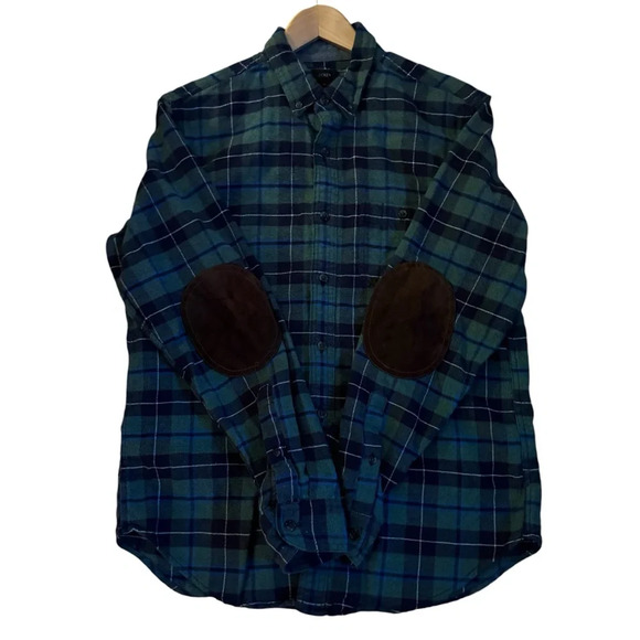 J.Crew Mens Green Blue Plaid Flannel Shirt Wool Blend Suede Elbow Patches M - Picture 9 of 11